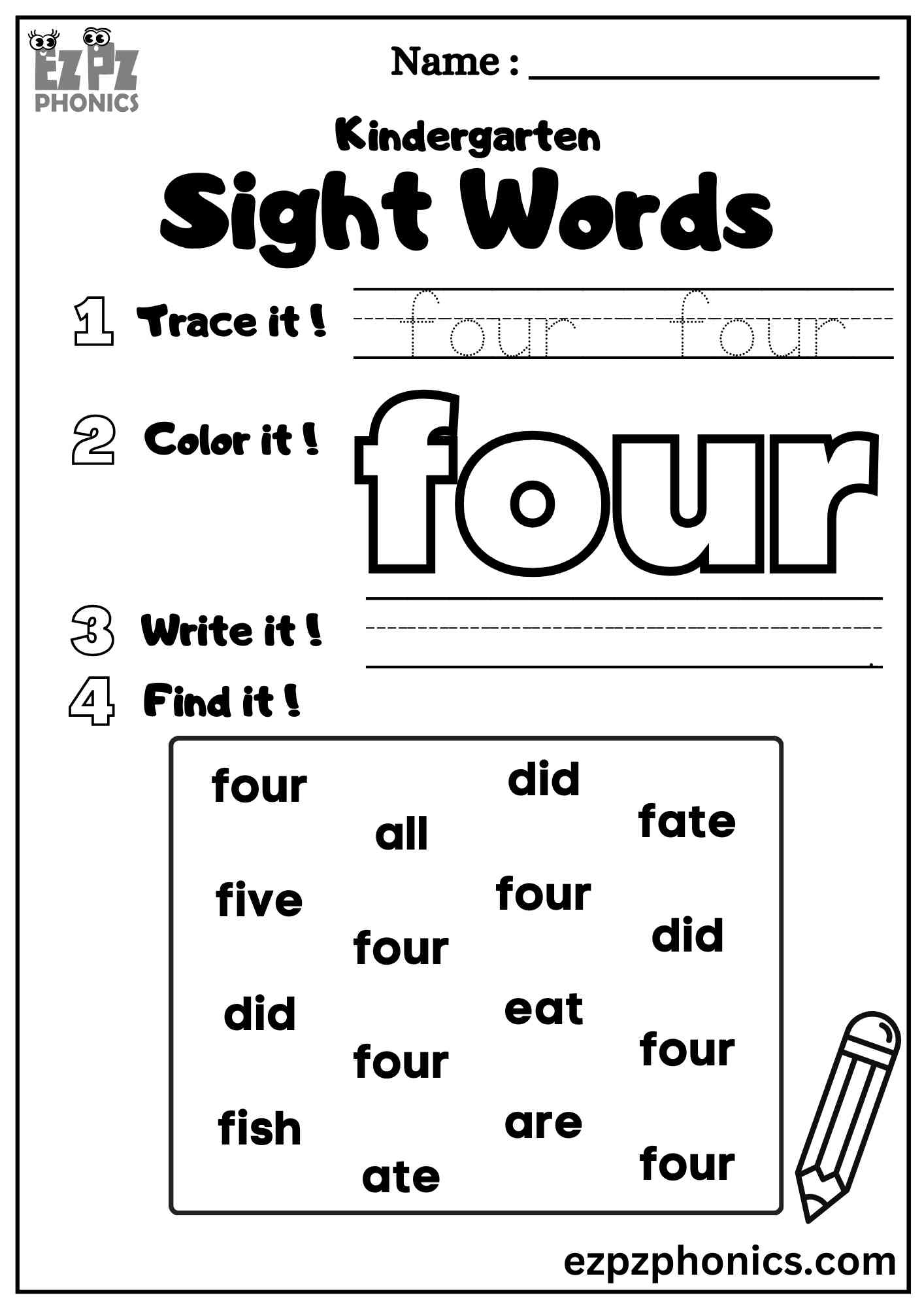 "Four" Dolch Kindergarten Sight Word Trace, Color and Write Worksheet
